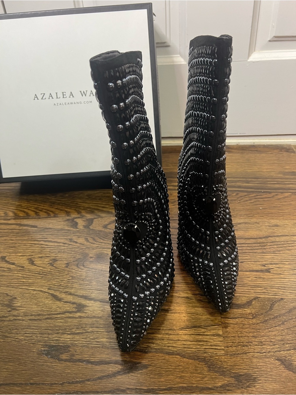 Azalea Wang Black Studded Pointed Toe Heeled Booties